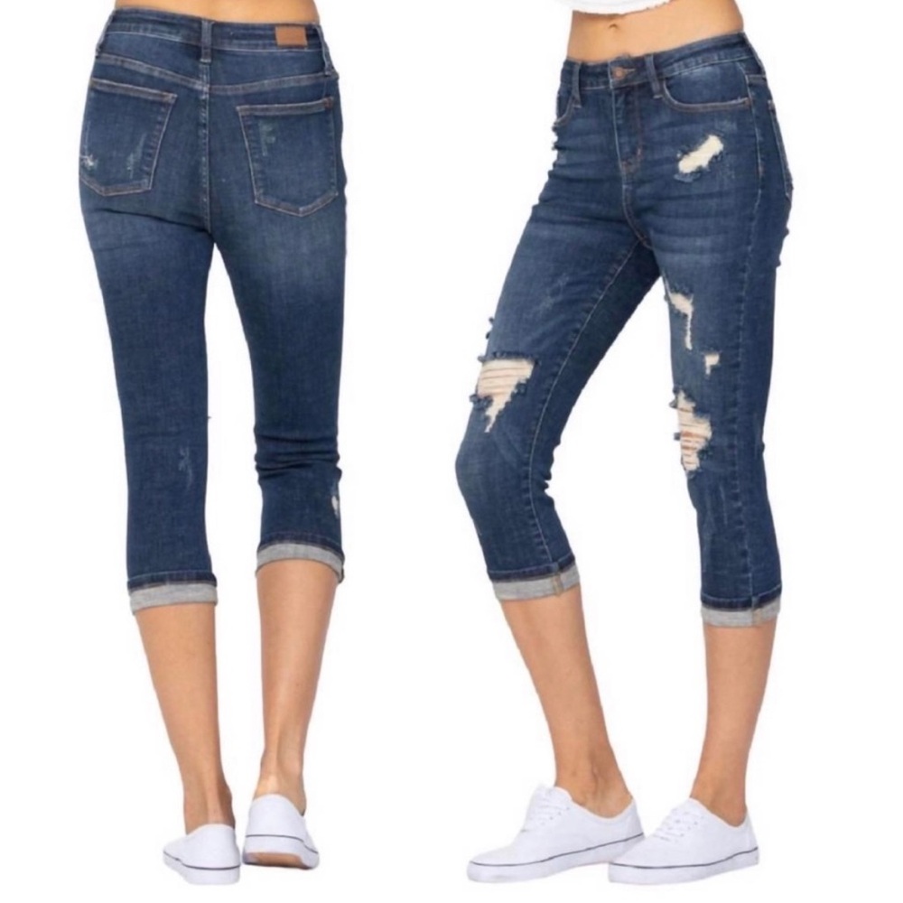 Judy Blue Dark Wash High Waist Distressed Capri Jeans Womens Size 9/29